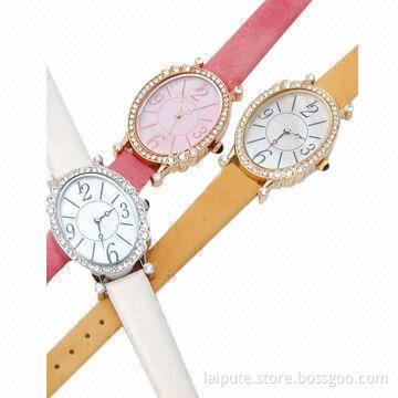 Fashionable Diamond Ladies' Watches, Red Leather Strap, MoP Dial
